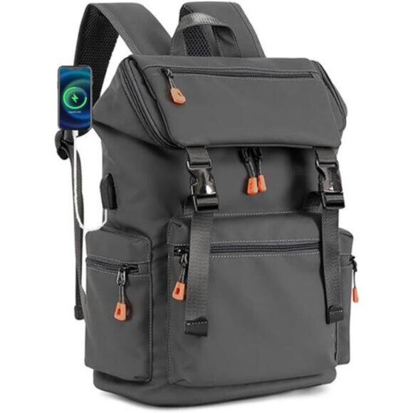 Faux Leather Laptop Backpack for Men, Dark Grey - Picture 1 of 7